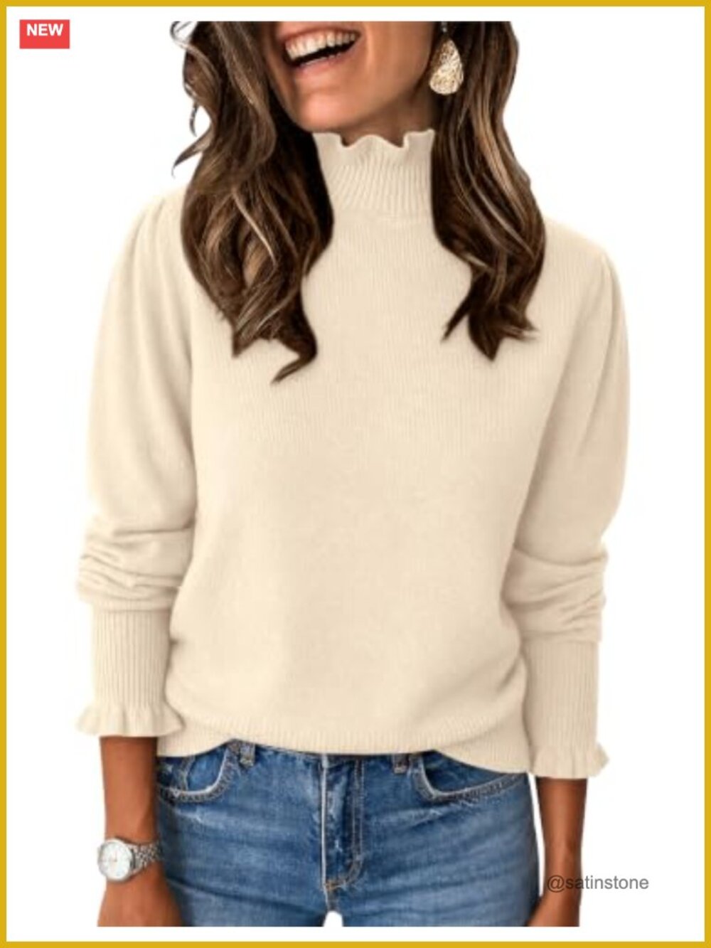 Ruffle Mock Neck Puff Sleeve Sweater Pullover Women's Fall Top